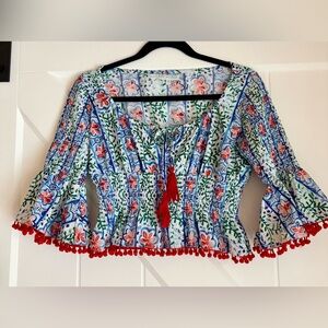 Modaposa Red Pom Pom Boho Crop Top Smocked Floral Euro Summer Small